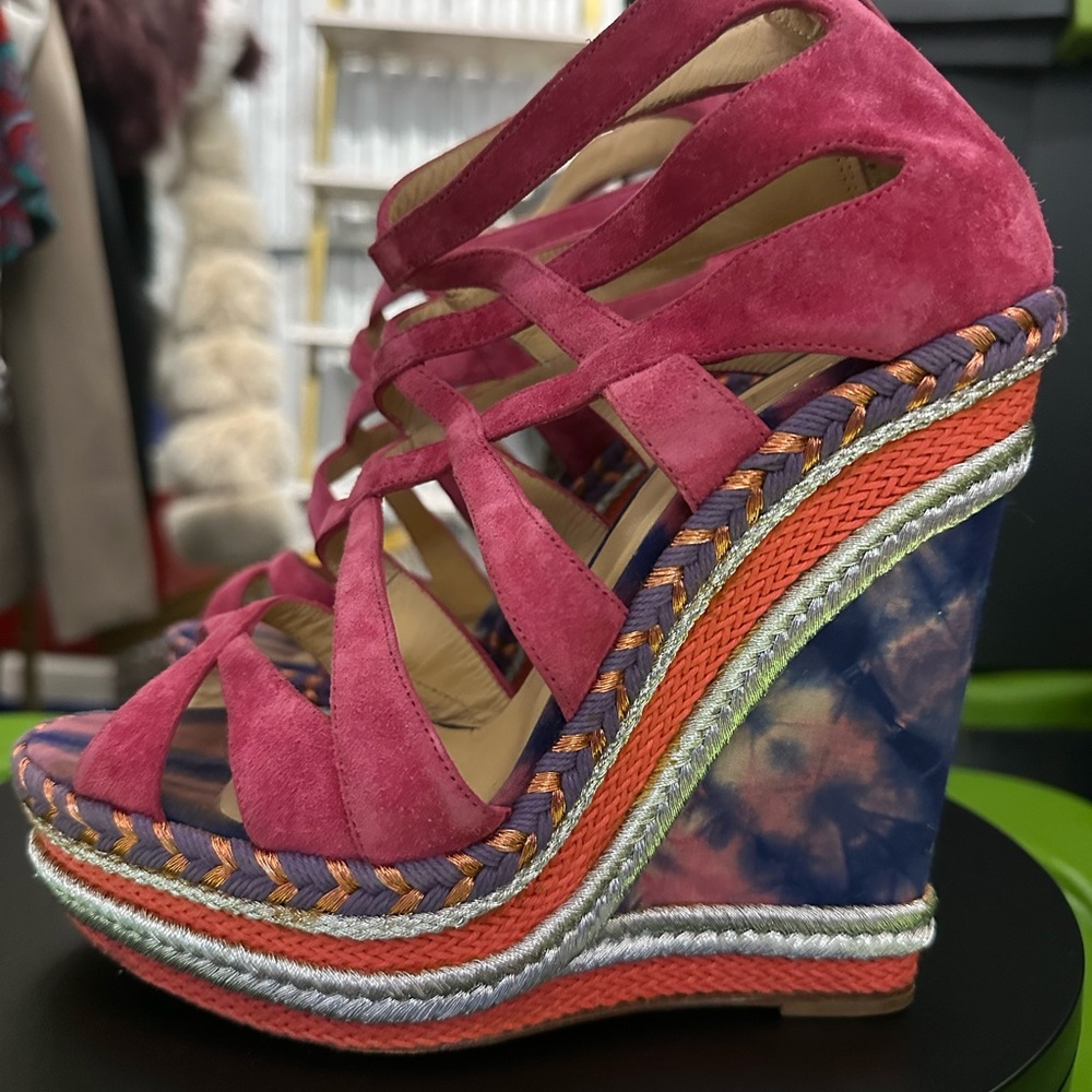Christian Louboutin Pink Suede Caged Espadrille Tosca Wedge Platform Sandals